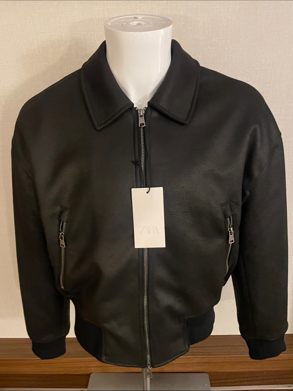 Zara Black Men's Leather Bomber Jacket